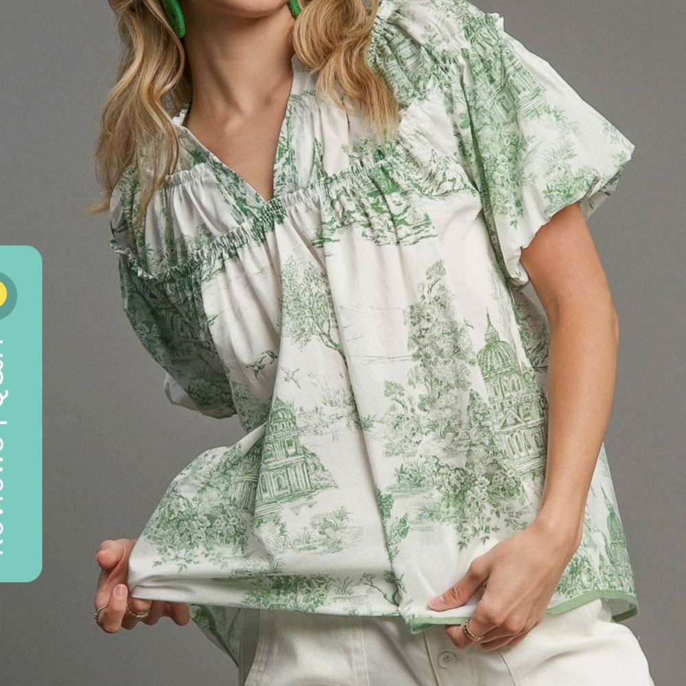 Umgee Toile Print Pullover Top with Puff Sleeves and Shirring Details - EUC - Picture 4 of 8